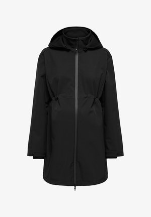 Sort graviditetsjakke lavet af blød, strækbar stof. Har hætte, lynlås foran, justerbar talje og sidelommer. Glat tekstur.