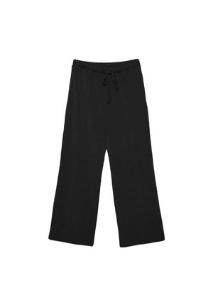 Pantaloni a gamba larga neri realizzati in tessuto morbido, dotati di una cintura elastica con coulisse per una vestibilità regolabile. Texture liscia e uniforme.