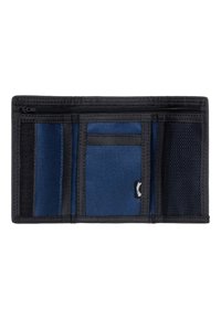 Granatowy portfel z tkaniny z zamkiem błyskawicznym, kilkoma kieszeniami na karty, siateczkową kieszonką oraz kontrastowymi czarnymi krawędziami i akcentami.