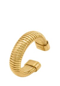 Bracciale rigido in oro con design a spirale e superficie liscia, caratterizzato da estremità rettangolari e finitura lucida.