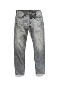 Jeans de denim gris con un acabado desvaído, diseño de cinco bolsillos, cierre de botón y ligero desgaste en la tela.