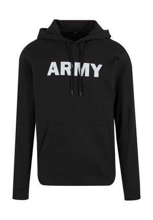 Hoodie noir en tissu mélangé de coton, avec une poche kangourou, des cordons de serrage ajustables et "ARMY" imprimé en lettres blanches en gras sur le devant.