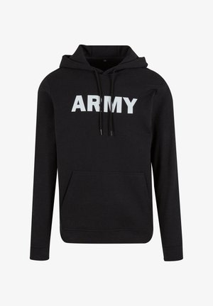 Hoodie noir en tissu mélangé de coton, avec une poche kangourou, des cordons de serrage ajustables et "ARMY" imprimé en lettres blanches en gras sur le devant.