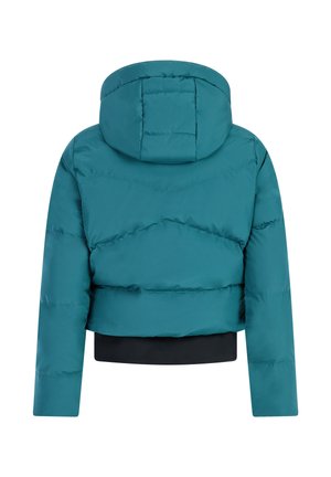 Teal gewatteerde jas met capuchon en zwarte tailleband, van achteren getoond, geïsoleerd op een witte achtergrond.