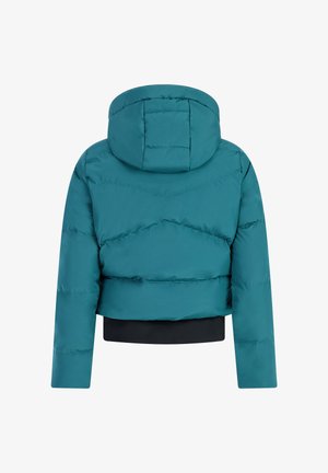 Teal gewatteerde jas met capuchon en zwarte tailleband, van achteren getoond, geïsoleerd op een witte achtergrond.