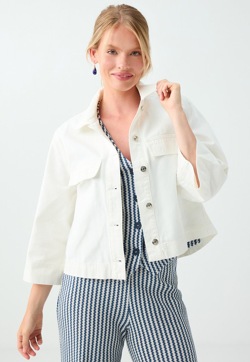 Femme souriante aux cheveux blonds porte une veste blanche boutonnée sur un haut et un pantalon bleu et blanc à motifs, tenant le col de la veste.