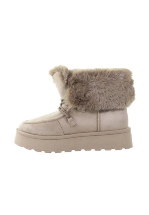 Beżowe botki za kostkę z mankietem z imitacji futra, zamszową teksturą, okrągłym noskiem, sznurowaniem i grubą gumową podeszwą dla zwiększonego komfortu i przyczepności.
