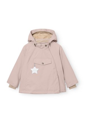 Hellrosa wasserfeste Jacke mit Kapuze, vorderer Druckknopf-Tasche, weicher Innenfutter und beigen Bündchen. Enthält ein sternförmiges Etikett.