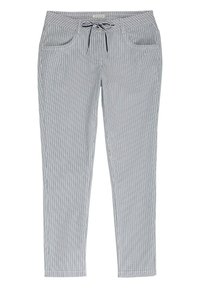 Lätta, randiga byxor i blått och vitt med dragsko i midjan, två framfickor och tapered ben.