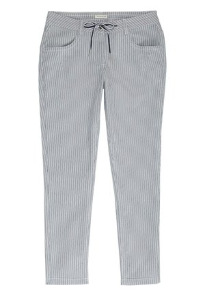 Pantaloni leggeri a righe blu e bianche con vita regolabile, due tasche frontali e gamba stretta.