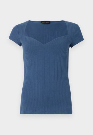 Ribbed blue short-sleeve top with a square neckline and fitted design. Made from stretchy material, featuring a subtle texture.