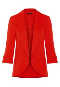 Punainen bleiseri, jossa on jämäkkä muotoilu, kolme neljäsosaa hihat ja käännetyt kalvosimet. Siinä on sileä pinta ja etutaskut.