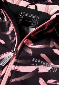 Black and pink patterned jacket with a soft inner lining, featuring a contrasting zipper and tags indicating water-resistant and windproof properties.