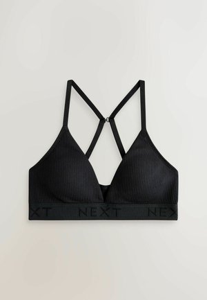 Sort ribstrikket bralette med trekantet form, med justerbare krydsede stropper og elastikbånd med logo i bunden.