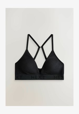 Juoda riboto trikotažo liemenėlė trikampio formos, su reguliuojamomis susikertančiomis petnešėlėmis ir apačioje esančia prekės ženklu pažymėta elastine juosta.