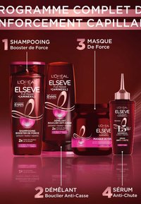 Ensemble de soins capillaires L'Oréal Paris Elseve avec des contenants rouges et noirs, présentant un design moderne, diverses formes et des accents roses audacieux.