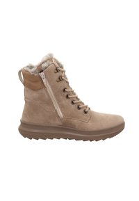 Botas de tobillo de ante marrón con un acabado texturizado, que cuentan con un borde forrado de piel de fur, cordones en la parte delantera y una cremallera lateral para mayor comodidad.