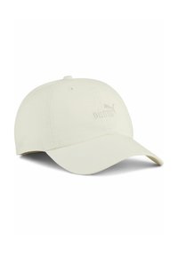 Hvid baseballcap lavet af stof, med en buet skygge, justerbar rem og broderet Puma-logo på den venstre frontpanel.