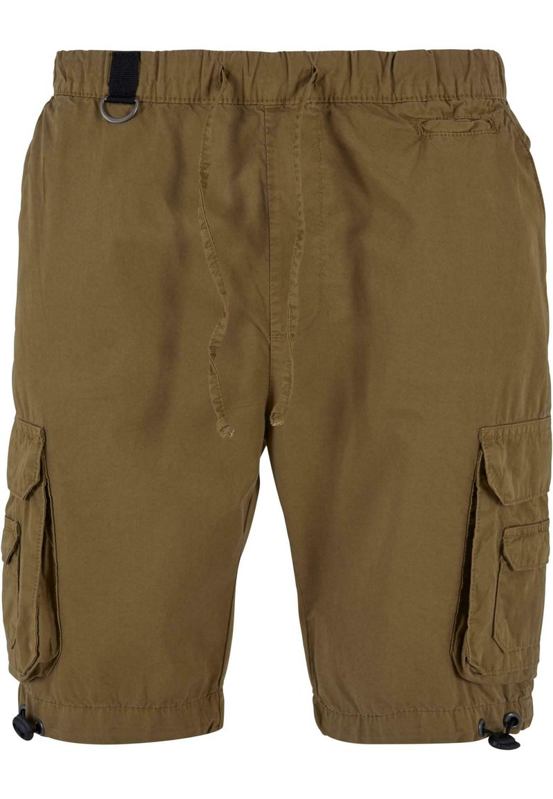 Cargo shorts i olivengrøn med elastisk talje, snørebånd, sidelommer og justerbare inderkanter med toggle-lukninger.