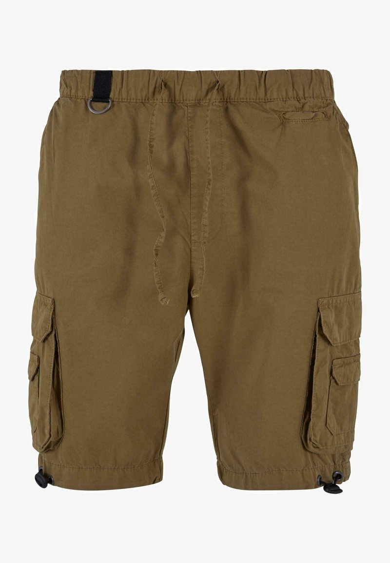 Cargo shorts in olive green, featuring an elastic waistband, drawstring, side pockets, and adjustable hems with toggle closures.