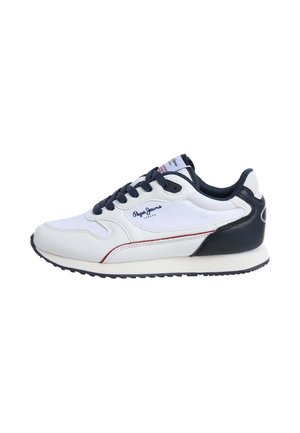 Baskets blanches et bleu marine avec lacets noirs, de la marque "Pepe Jeans London", à design rétro et semelle texturée.