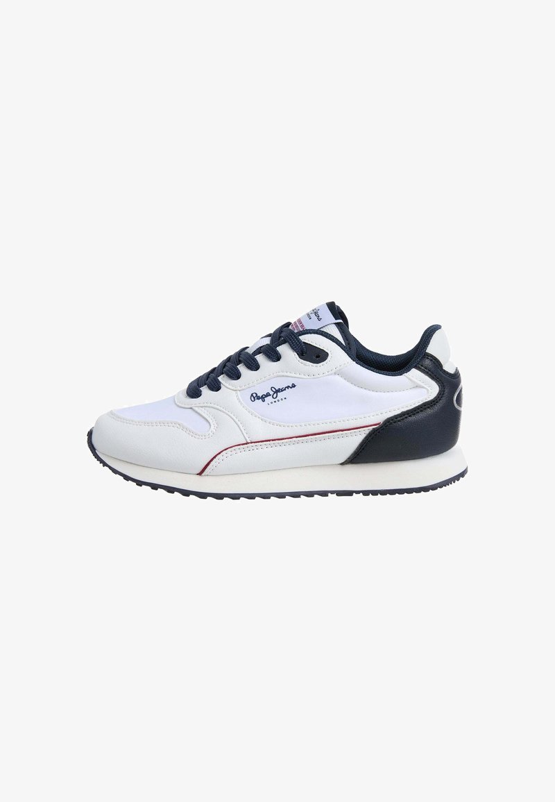 Sapatilha branca e azul marinho com atacadores pretos, da marca "Pepe Jeans London", com design retro e sola texturizada.