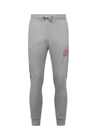 Grijze joggingbroek met een tailleband met trekkoord, voorzien van roze accenten en logodetails op de dij en zijkanten. Zachte stof met een aansluitend ontwerp.