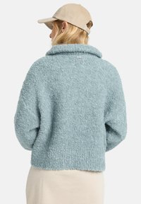 Maglione azzurro chiaro, morbido, con colletto ripiegato e vestibilità ampia. Presenta maniche larghe e una lunghezza corta. Sul retro è presente un piccolo etichetta con logo.