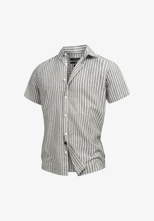 Short-sleeve button-up shirt, grey with white vertical stripes, made of lightweight fabric. Features a spread collar and front buttons.