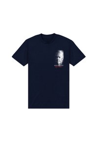 Granatowa koszulka bawełniana z graficznym nadrukiem zniszczonej twarzy z kolcami oraz napisem "HELLRAISER" umieszczonym po lewej stronie klatki piersiowej.