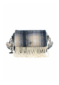 Wollen handtas met een ruitpatroon in blauw en beige, voorzien van witte franjes, zilveren hardware en een logo-accent.