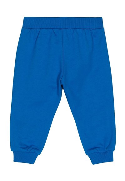 Pantaloni blu per bambini con vita elasticizzata e polsini, realizzati in tessuto morbido e confortevole per l'uso quotidiano.