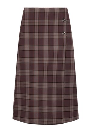 Jupe trapèze à carreaux marron et taupe avec deux attaches anneaux métalliques sur le côté, longueur genou.
