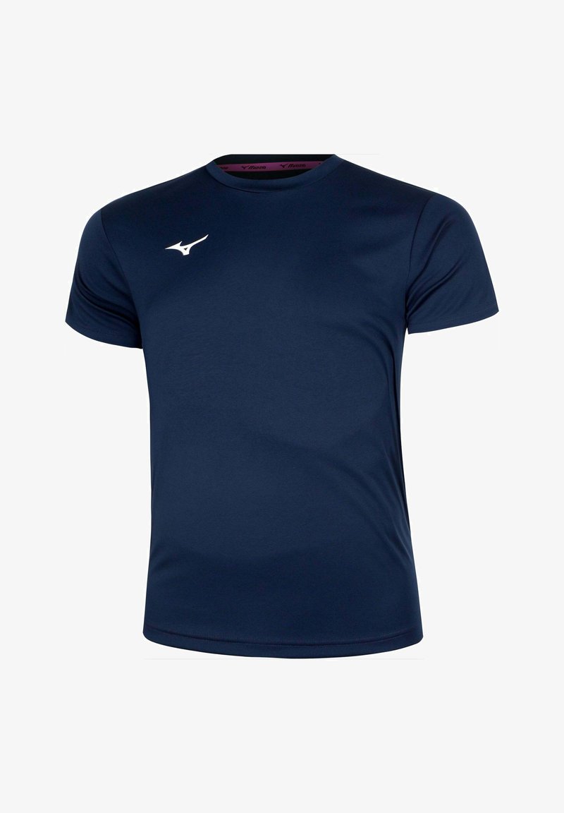 T-shirt sportiva a maniche corte blu navy con scollo rotondo e piccolo logo Mizuno bianco sul petto a sinistra.