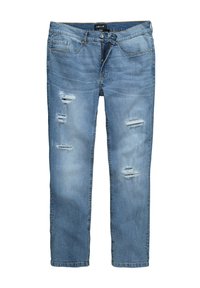 Jeans de mezclilla azul con corte recto, que presentan varias áreas desgastadas y un cierre de botón. Incluyen bolsillos delanteros y un lazo para el cinturón.