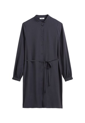 Dark gray long-sleeve dress with a round collar, button front, and cinched waist with a tie. Soft, smooth fabric with a relaxed fit.