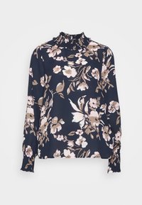 Blusa floreale a maniche lunghe con colli arricciati. Tessuto blu scuro decorato con fiori rosa e beige. Polsini elastici. Texture morbida.