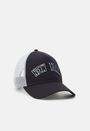 Navy baseball cap with "NEW YORK" embroidered in white and blue. Features a solid front and breathable mesh back. Curved visor design.