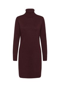 Burgundska obleka s turtleneck iz dolgimi rokavi, z rebrastimi manšetami in ovratnikom, izdelana iz mehkega pletenega materiala, dolžine do kolen z ravno zasnovo.