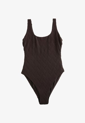 Costume intero marrone con texture a zigzag, scollatura quadrata e spalline larghe, progettato per una silhouette aderente.