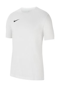 Weißes T-Shirt mit kurzen Ärmeln aus Baumwolle, mit einem runden Halsausschnitt, das auf der linken Brustseite ein schwarzes Nike Swoosh-Logo trägt.