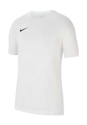T-shirt bianco a maniche corte in cotone con collo rotondo, caratterizzato da un logo Nike swoosh nero sulla parte sinistra del petto.