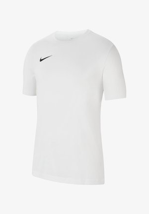 Weißes T-Shirt mit kurzen Ärmeln aus Baumwolle, mit einem runden Halsausschnitt, das auf der linken Brustseite ein schwarzes Nike Swoosh-Logo trägt.