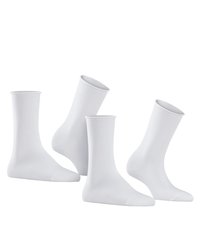 White cotton socks in various heights. Features a smooth texture, reinforced toe area, and elastic cuffs for secure fit. Four pairs total.