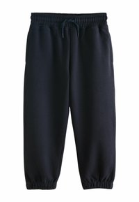 Pantaloni de trening negri din bumbac, cu un talie elastică, șnur și manșete elastice la glezne. Textură netedă, fără modele vizibile.