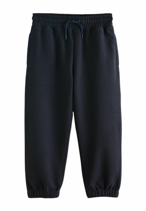 Pantaloni de trening negri din bumbac, cu un talie elastică, șnur și manșete elastice la glezne. Textură netedă, fără modele vizibile.