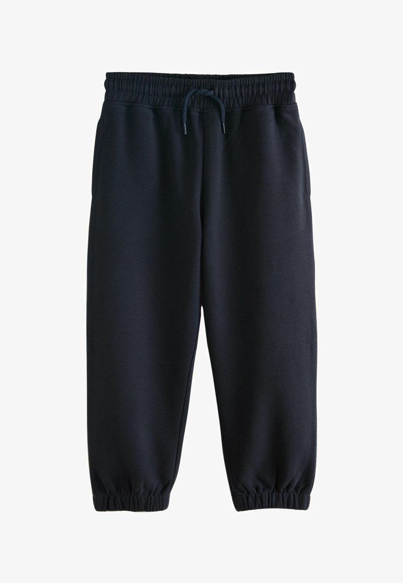 Pantalons de survêtement en coton noir avec une taille élastique, cordon de serrage et poignets élastiques au niveau des chevilles. Texture lisse sans motifs visibles.
