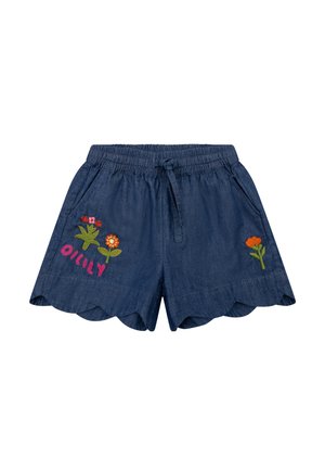 Marineblauwe korte broek met elastische tailleband, trekkoord, uitgesneden zoom en bloemrijke borduurwerk met twee bloemen en een oranje bloem.