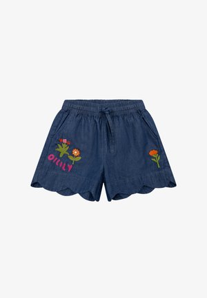 Marineblauwe korte broek met elastische tailleband, trekkoord, uitgesneden zoom en bloemrijke borduurwerk met twee bloemen en een oranje bloem.