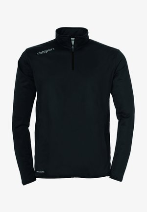 Schwarzer Half-Zip-Pullover aus atmungsaktivem Material, mit langen Ärmeln, Stehkragen und einem dezenten Logo auf der oberen linken Seite.